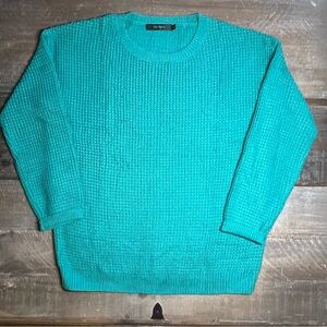 Chunky Waffle Knit Sweater Women’s L – Teal Textured Drop Shoulder Pullover